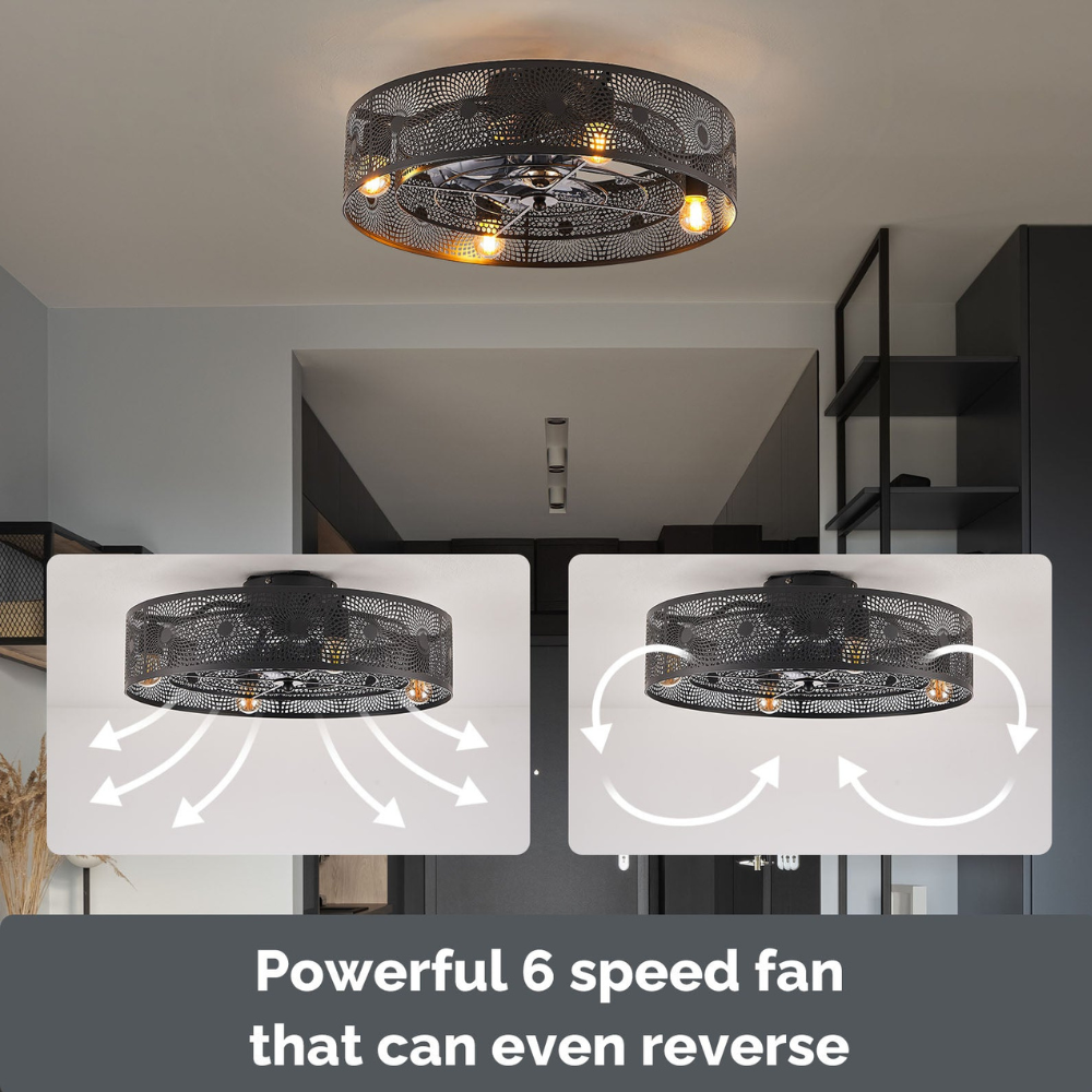 Deckenventilator mit Licht und Gitter-Metallschirm, bündig montiert – Schwarz