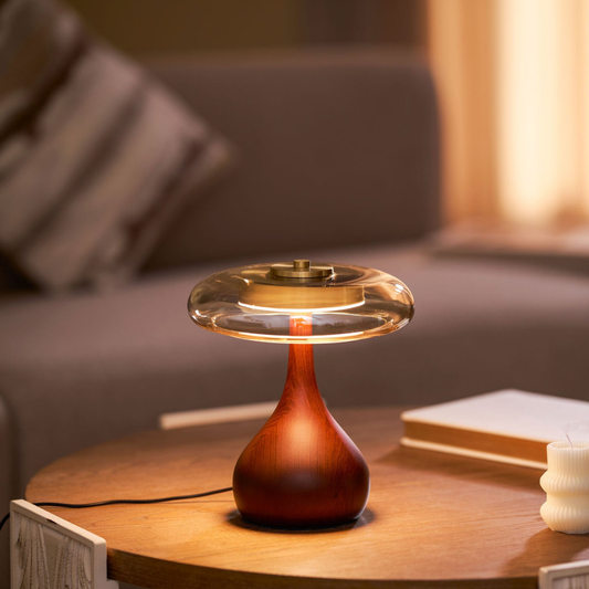 Mid-Century Modern Bernsteinfarbenes Glas und Walnussholz LED Pilz-Tischlampe