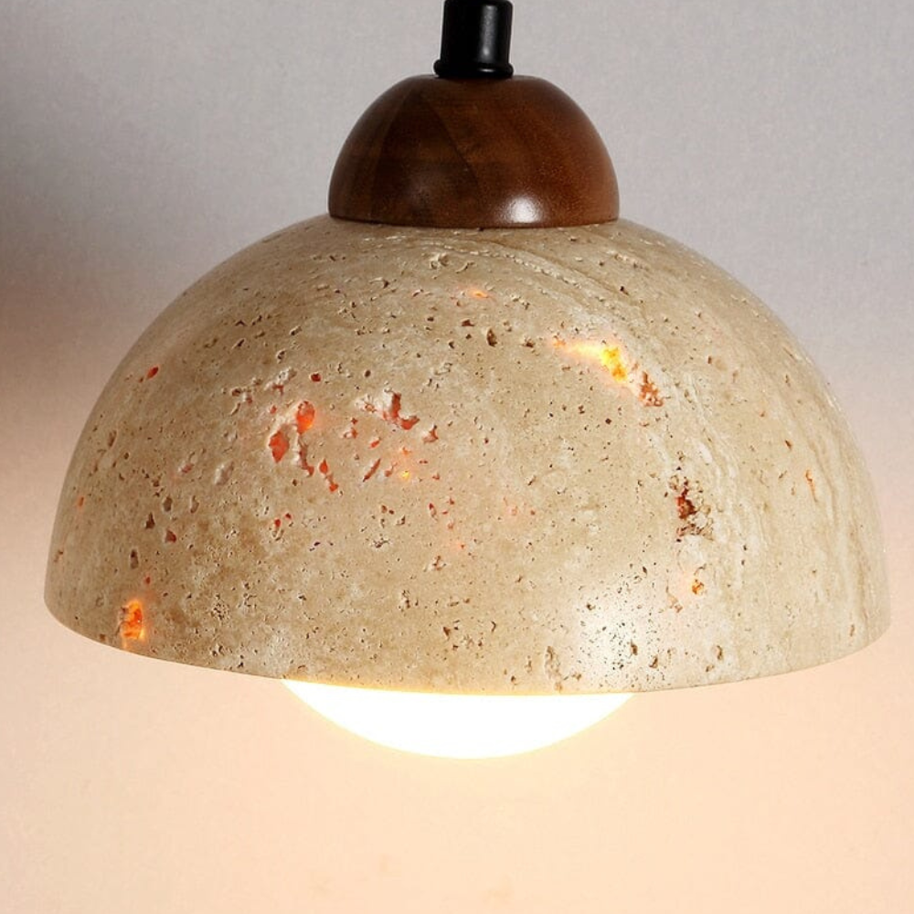 Wabi-Sabi Travertin Stil Pendelleuchte mit Massivholz – Modernes, Natürliches Dekor