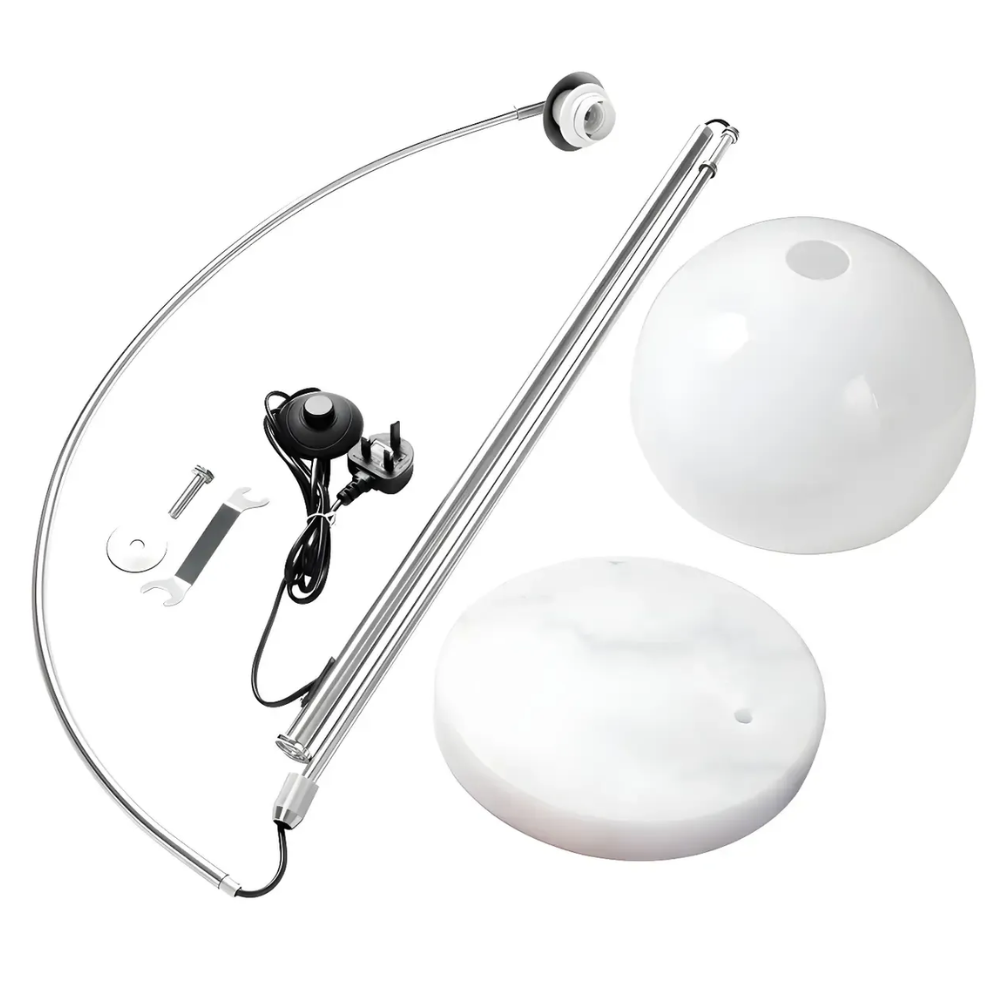 Verstellbare Stehlampe mit Marmorsockel und Glaskuppel – Mid-Century-Bogen