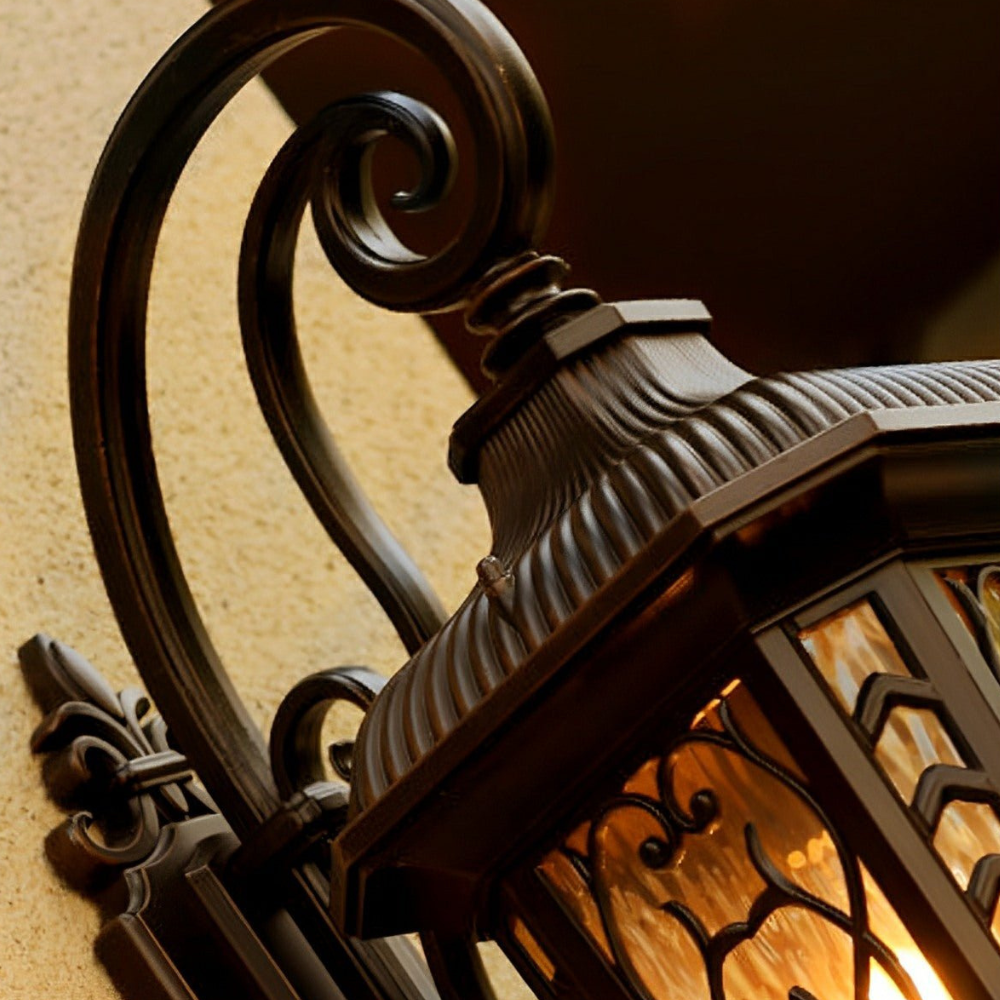 LED Porch Lantern with Scrollwork Frame and Textured Glass - Vintage Style