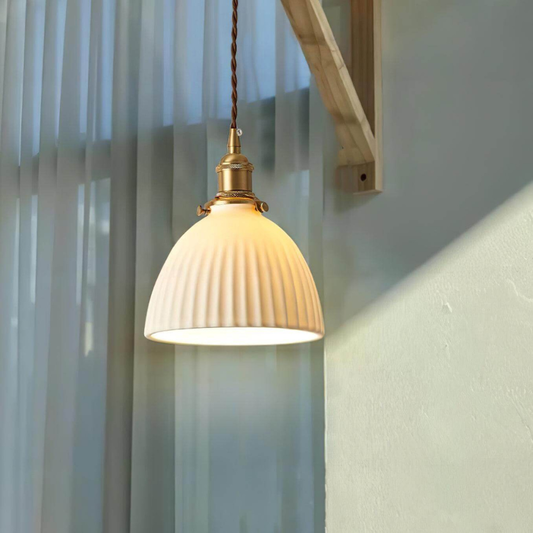 Ribbed Dome Hanging Lamp in White Ceramic - Scandinavian Style Decor