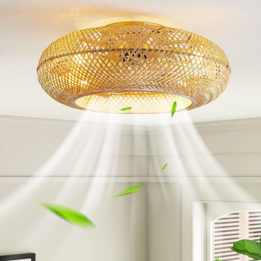 Flush Mount Ceiling Fan Light Woven Bamboo Shade - Coastal Boho Decor
