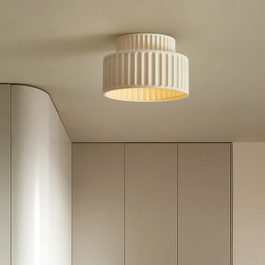 Modern Pleated Ceramic Flush Mount Ceiling Light - White Ribbed Lamp