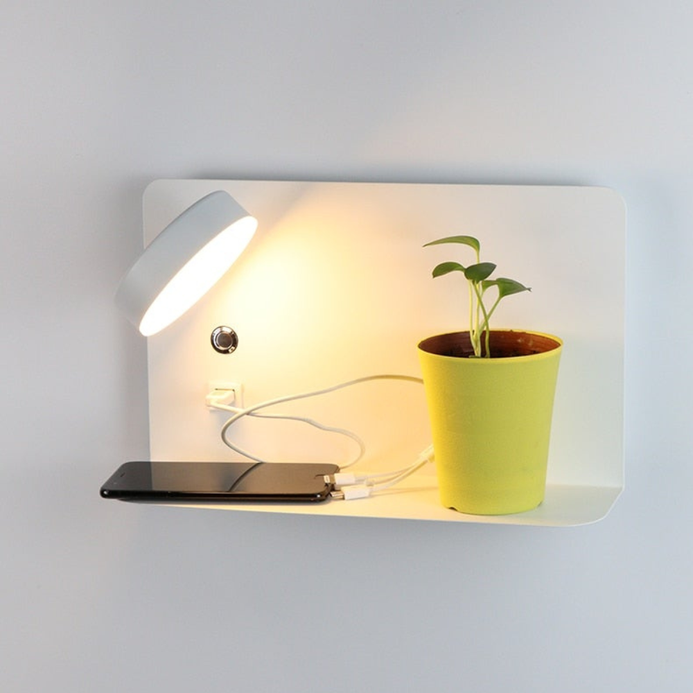 Wall Sconce with USB Charging Port and Shelf - Modern Minimalist