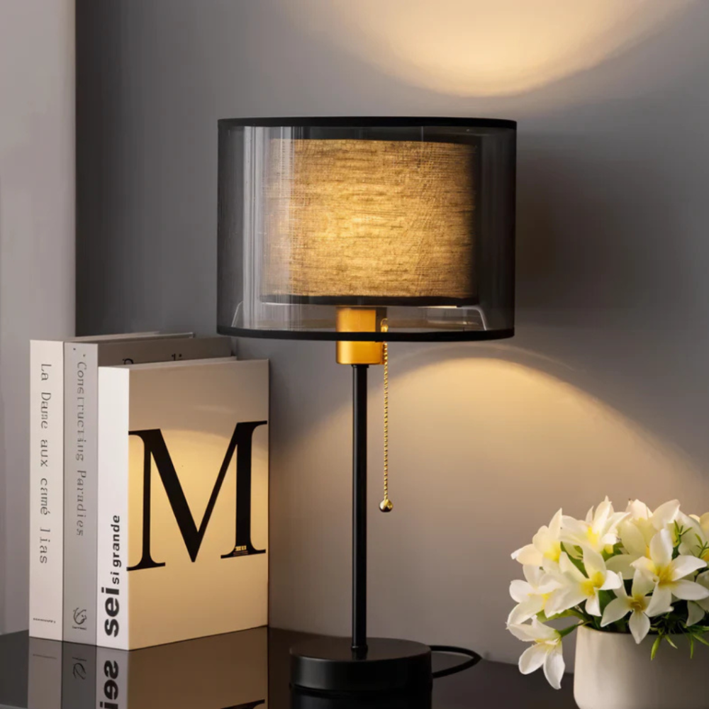 Double Cloth Shade Table Lamp Metal Base - Modern Bedroom Light