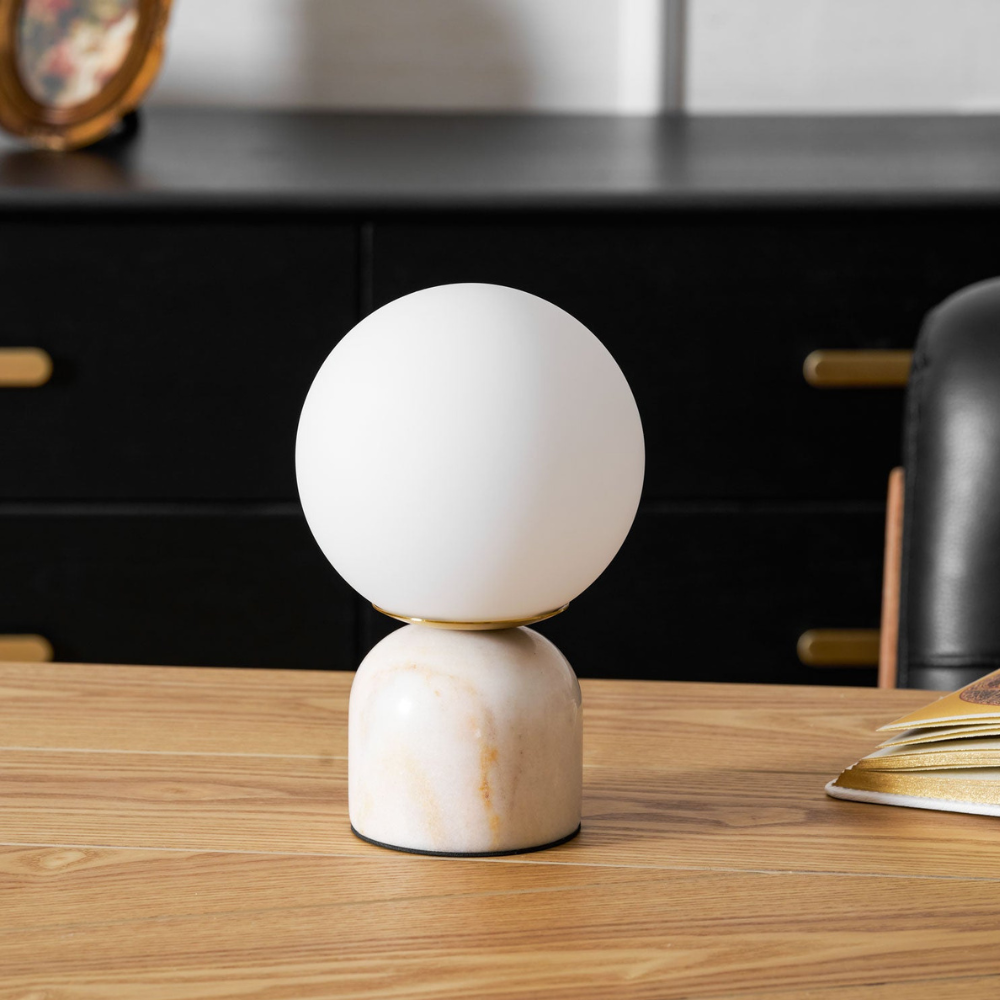 Mid-Century Modern Marble Table Lamp - Round Glass Globe Bedside Light