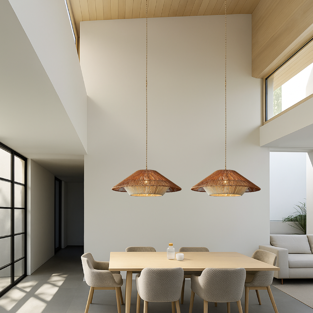 Pendant Light with Hemp Shade - Modern Bohemian Tiered Design