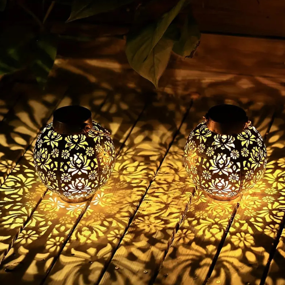 Solar Powered Lantern with Metal Floral Cutout Pattern - Boho Moroccan