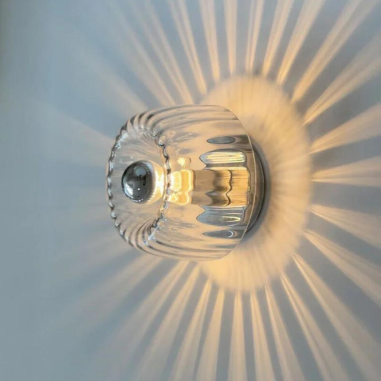 Modern Round Starburst Ribbed Glass Wall Sconce - Brass Art Deco Lamp