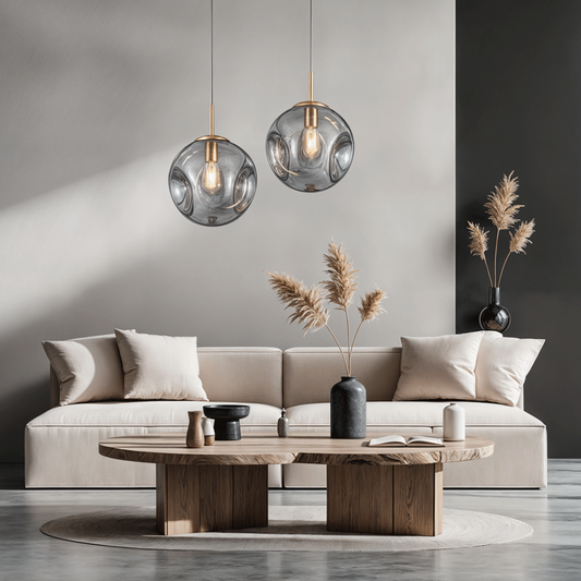 Indented Glass Globe Pendant Light - Smoky or Amber Tinted Orb