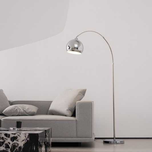 Arc Floor Lamp with Spherical Metal Shade and Stainless Steel Frame