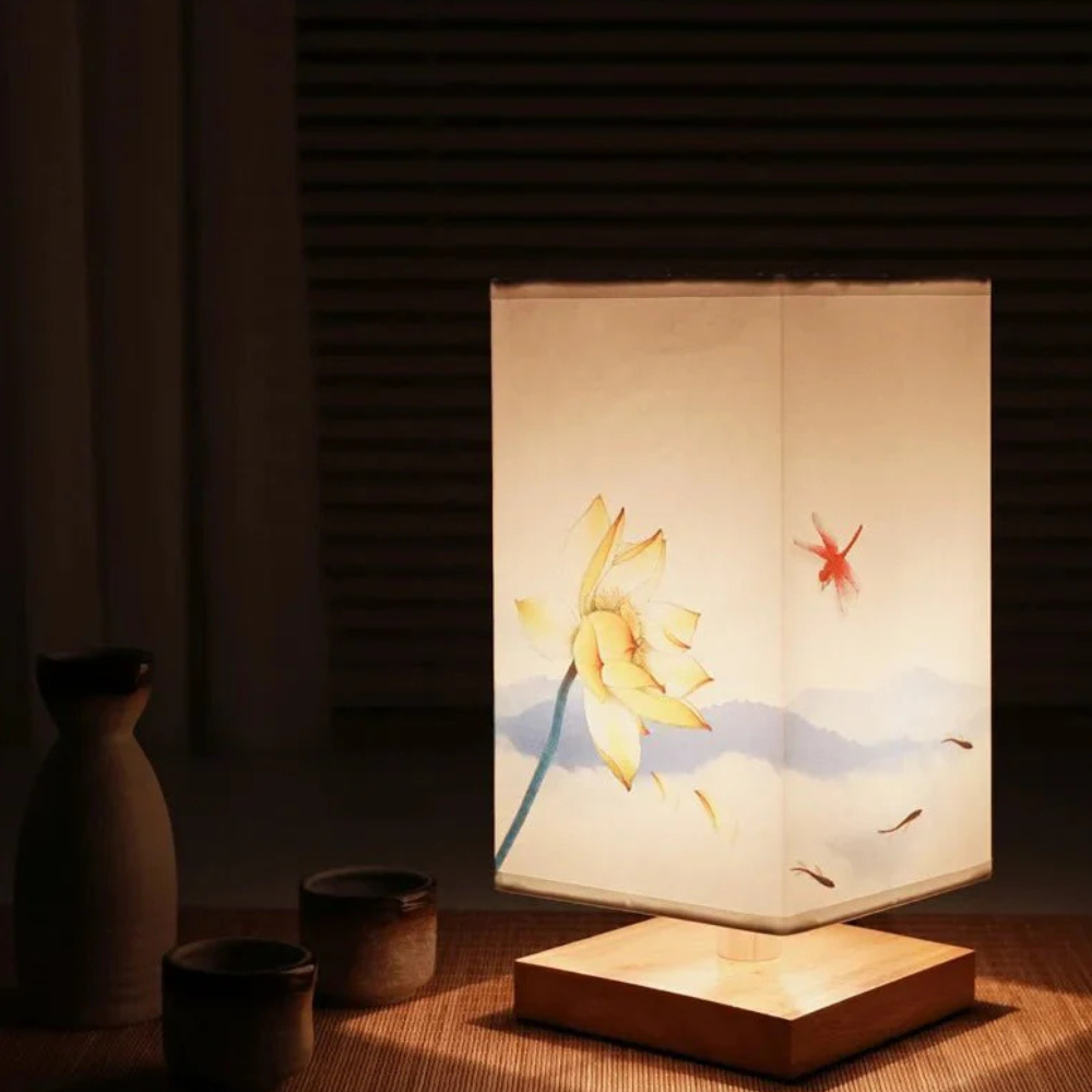 Asian-Inspired Fabric Box Light with Wood Base - Artistic Floral Accent Lamp
