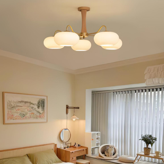 Chandelier with Walnut Wood and Persimmon Glass Shades - Modern Mid Century