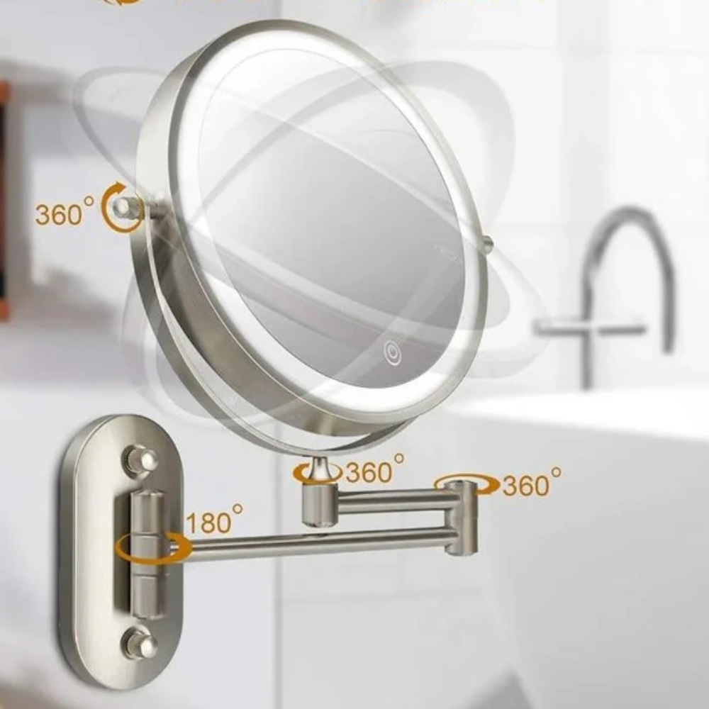 Wall-Mounted LED Makeup Mirror with Accordion Arm - 360° Swivel Grooming