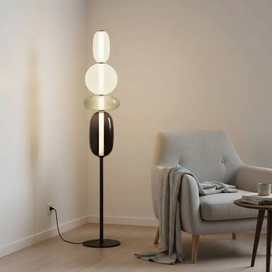 Modern LED Floor Lamp with Stacked Blown Glass Pebbles and Slender Metal Post