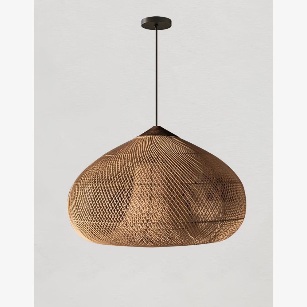 Modern Rattan Silhouette Pendant Light - Woven Basket Hanging Lamp with Wood Cap
