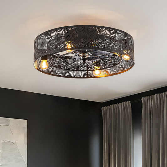 Flush Mount Ceiling Fan with Light and Lattice Metal Drum Shade - Black