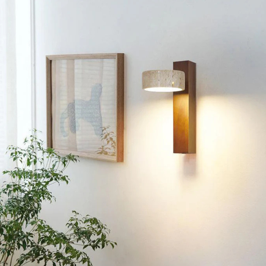 Architectural Vertical Stone Wall Light - Minimalist Wood & Travertine Sconce