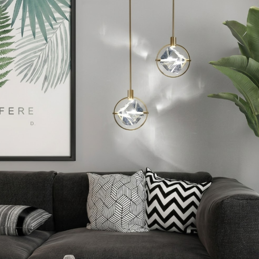 Suspension en prisme de cristal facetté - Lampe suspendue orbitale Art déco moderne