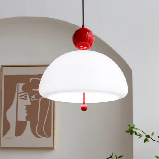 Glass Pendant Light with Domed Shade and Orb Accent - Mid Century Style