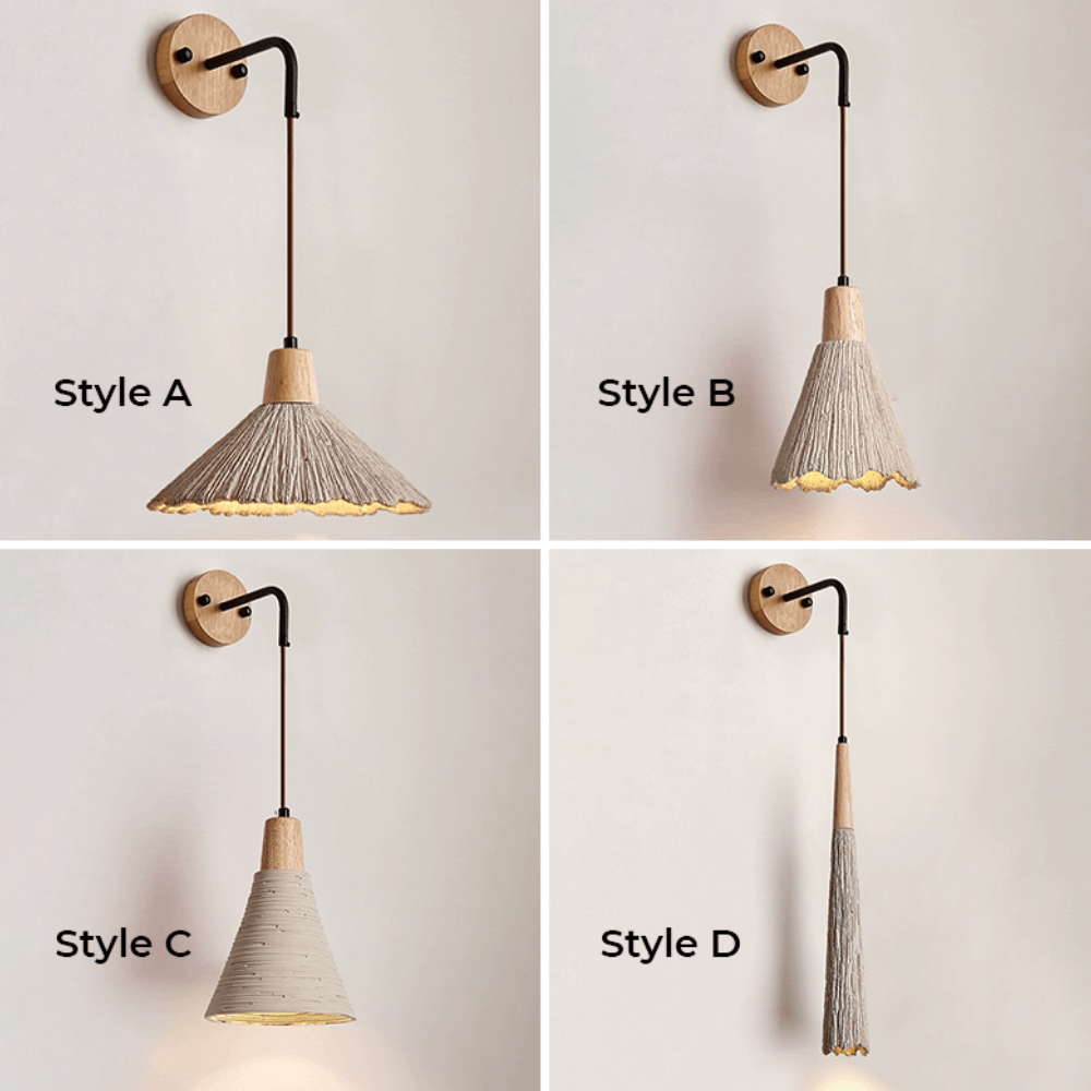 Wall Sconce with Textured Cement Shade and Wood Cap - Modern Japandi