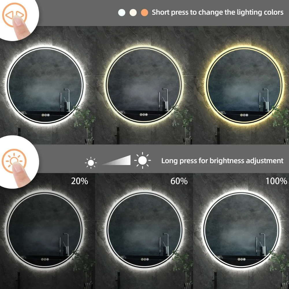 Led backlit bathroom mirror with Dimmable LED Ring and Frameless Design - Minimalist