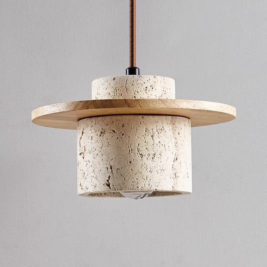 Travertine Pendant Light with Wood Accents - Wabi Sabi Modern Style