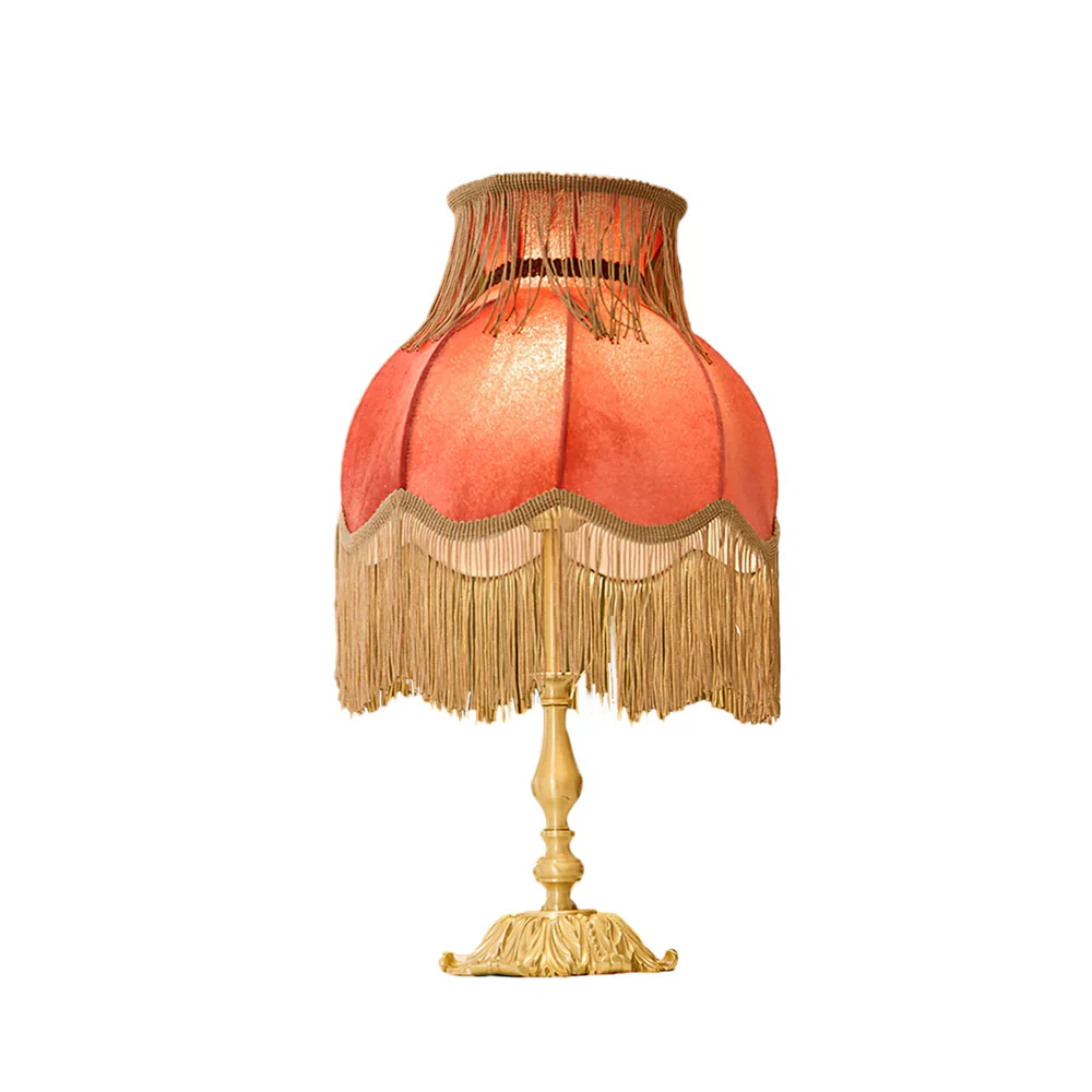 Table Lamp with Fringed Fabric Shade - Vintage Traditional Red