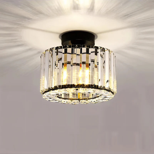 Cylindrical Crystal Flush Mount Light with Glass Prisms - Modern Art Deco