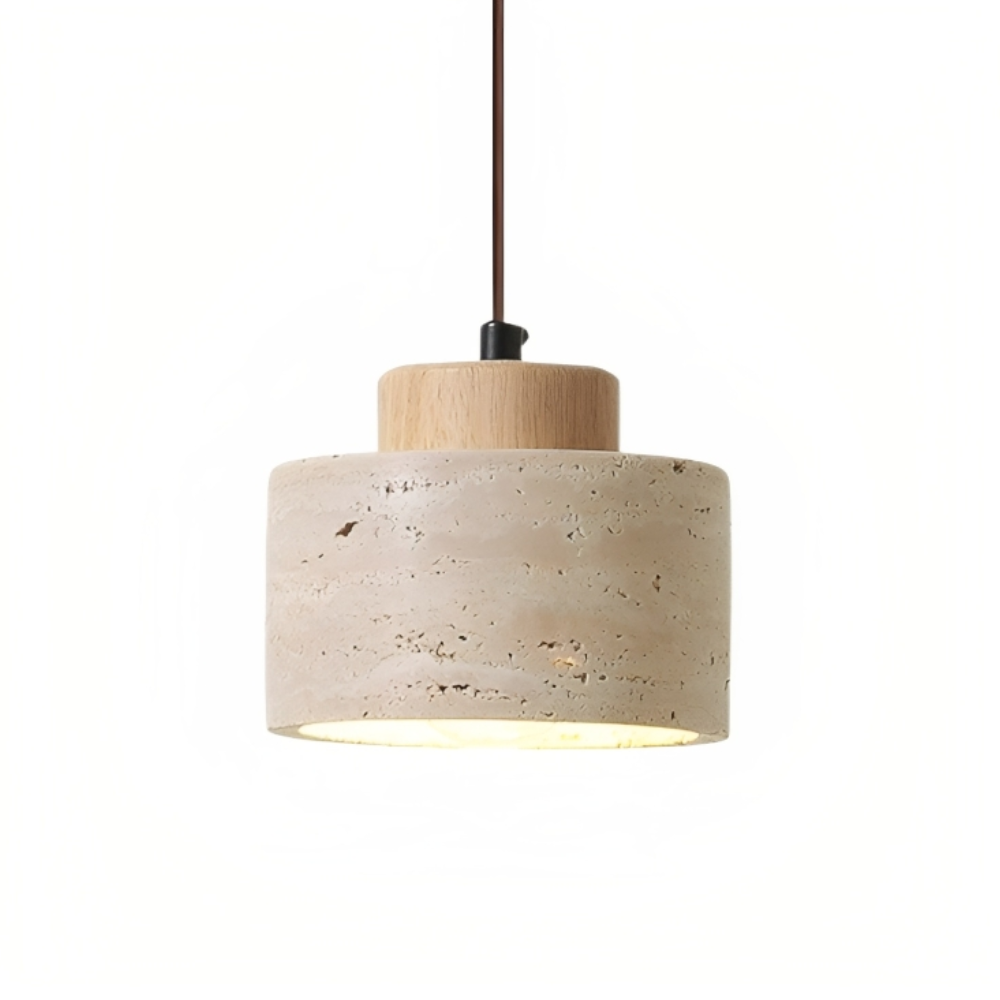 Travertine Stone Pendant Light with Wood Cap - Modern Wabi-Sabi