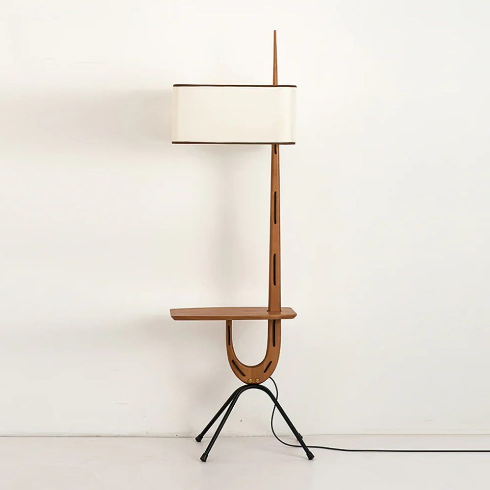 Modern floor lamp with Integrated Shelf and Organic Wooden Frame - Mid-Century
