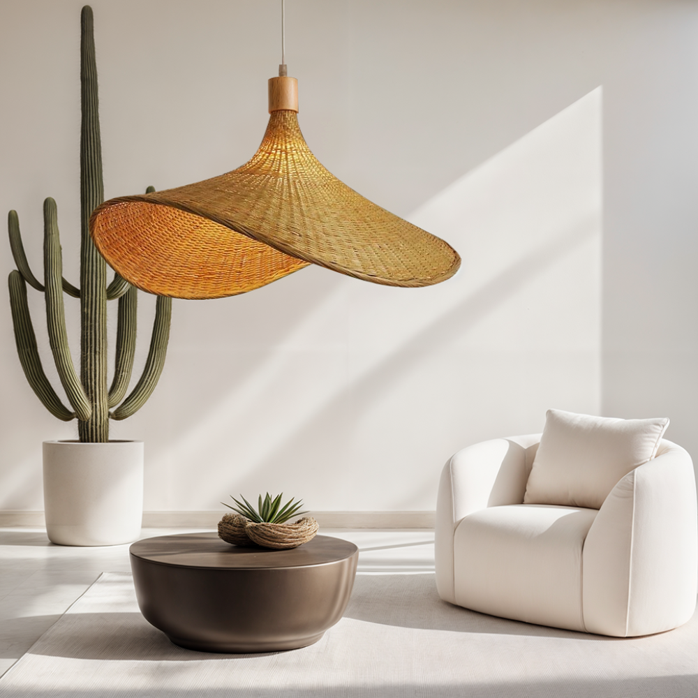 Woven Bamboo Sun Hat Pendant Light - Coastal Boho Decor