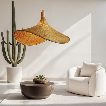 Woven Bamboo Sun Hat Pendant Light - Coastal Boho Decor