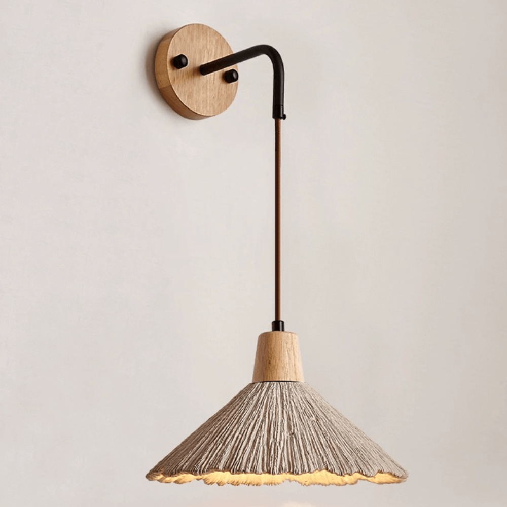 Wall Sconce with Textured Cement Shade and Wood Cap - Modern Japandi