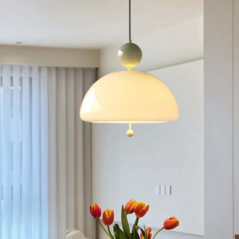 Glass Pendant Light with Domed Shade and Orb Accent - Mid Century Style