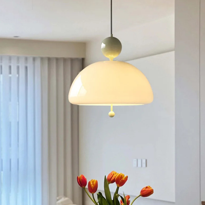 Glass Pendant Light with Domed Shade and Orb Accent - Mid Century Style