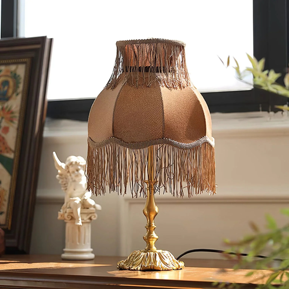 Table Lamp with Fringed Fabric Shade - Vintage Traditional Red