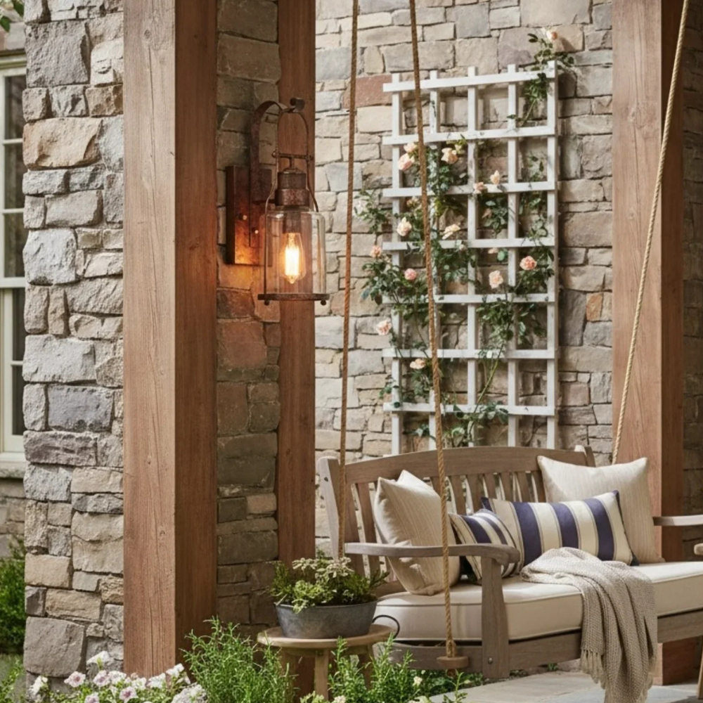 Permanent Outdoor House Lights with Clear Glass Jar Shade and Iron Arm