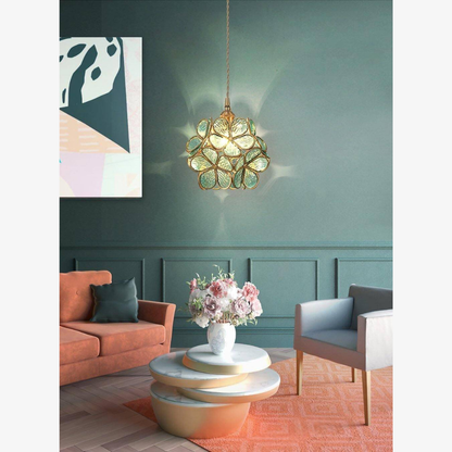 Floral Glass Hanging Lamp with Brass Hardware - Vintage Modern Art