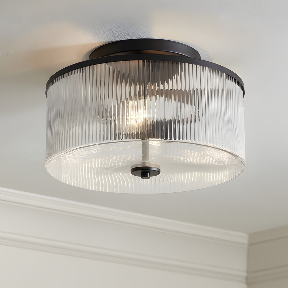 Modern Fluted Glass Drum Flush Mount - Ribbed Glass Ceiling Light