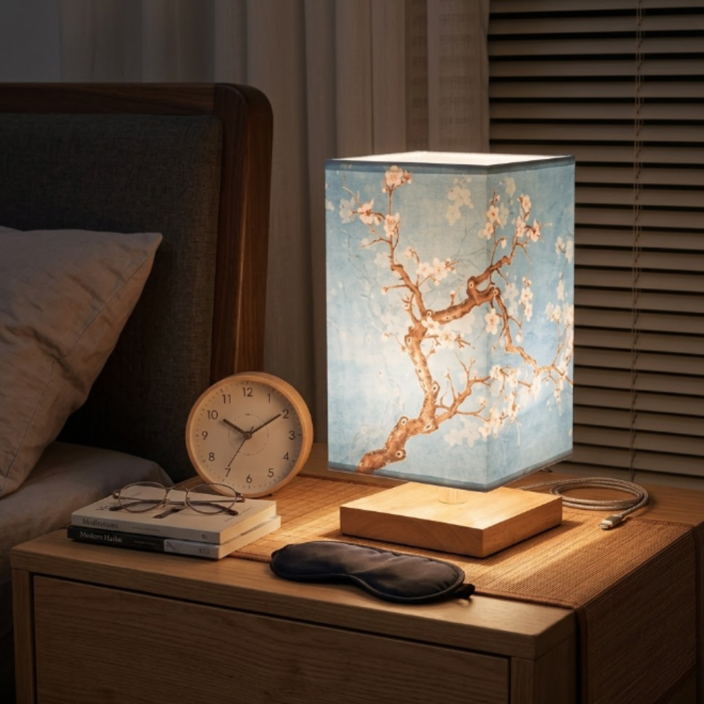 Asiatisch inspirierte Stoffboxlampe mit Holzsockel – Künstlerische Blumenakzentlampe
