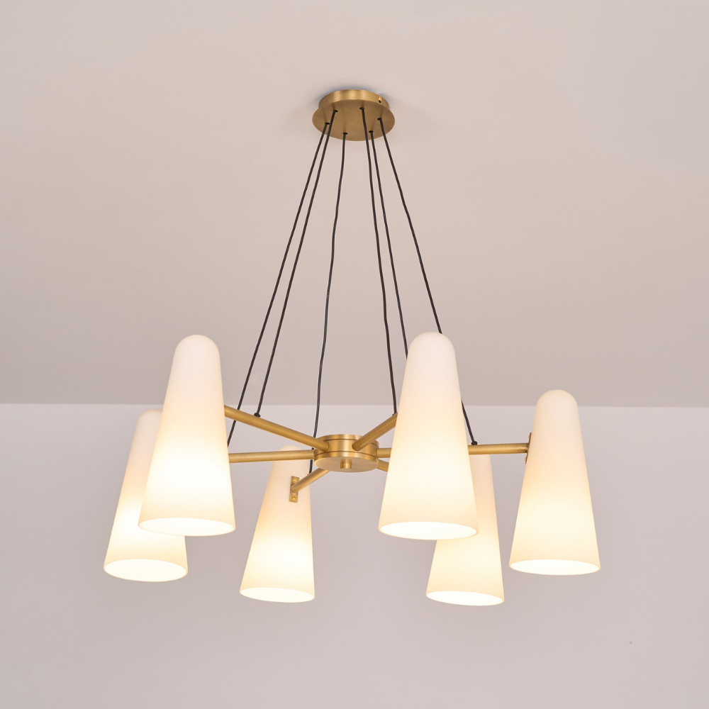 Lustre avec abat-jours en verre conique et cadre métallique - Moderne milieu du siècle
