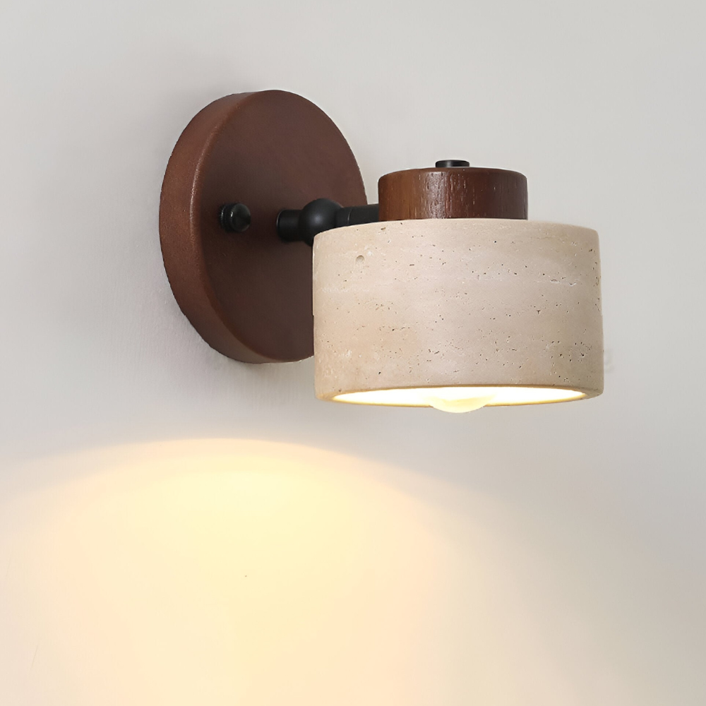 Architectural Adjustable Stone Wall Light - Minimalist Wood & Travertine Sconce