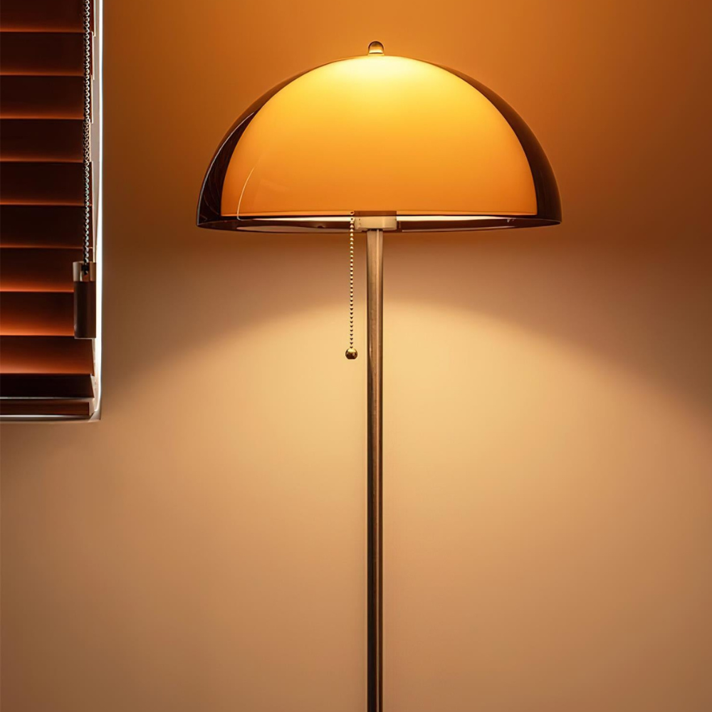Torchiere Floor Lamp with Bi-Material Metal and Wood Stem with Acrylic Dome Shade