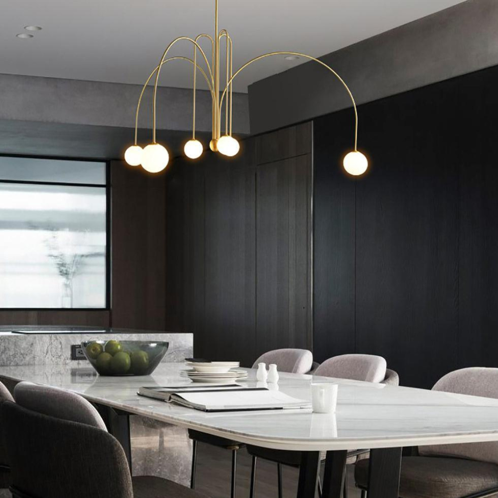Chandelier with Arched Arms and Frosted Globes - Modern Mid Century