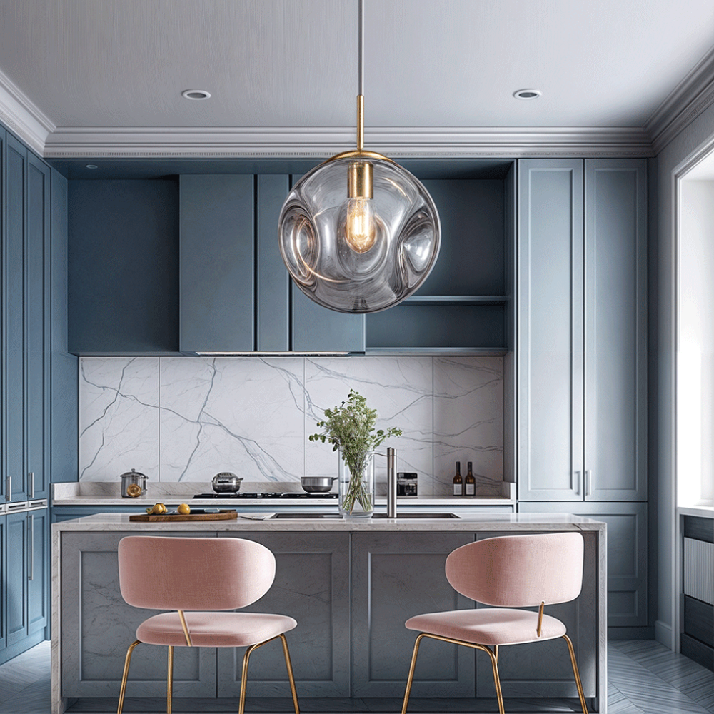 Indented Glass Globe Pendant Light - Smoky or Amber Tinted Orb