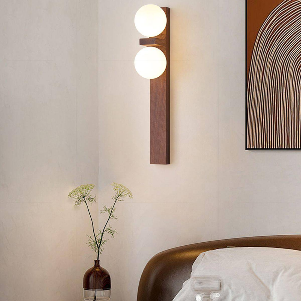 Double Orb Wall Sconce with Carved Wood Base - Mid Century Modern