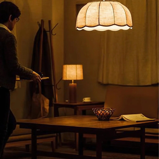 Scalloped Fabric Pendant Lamp - Modern Boho Beige Striped Ceiling Light