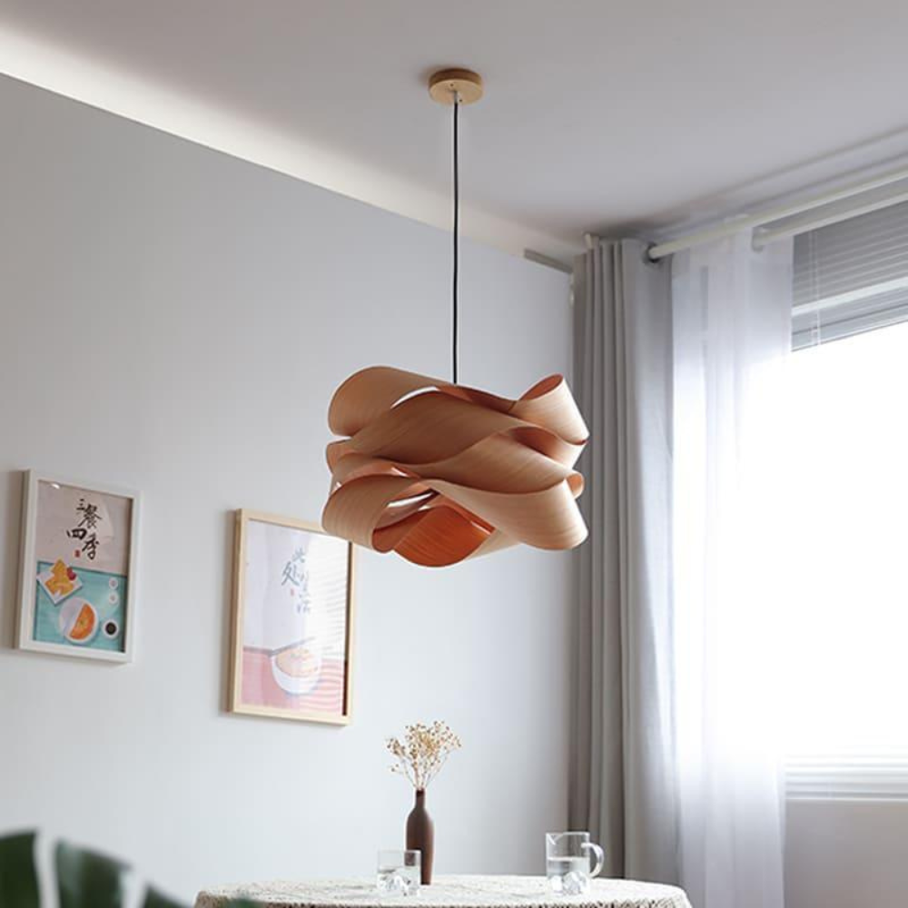Wood Ribbon Pendant Light with Spiral Shade - Mid Century Modern